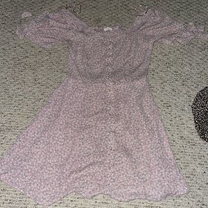 Purple dress with white flowers, ruffle sleeves, size medium